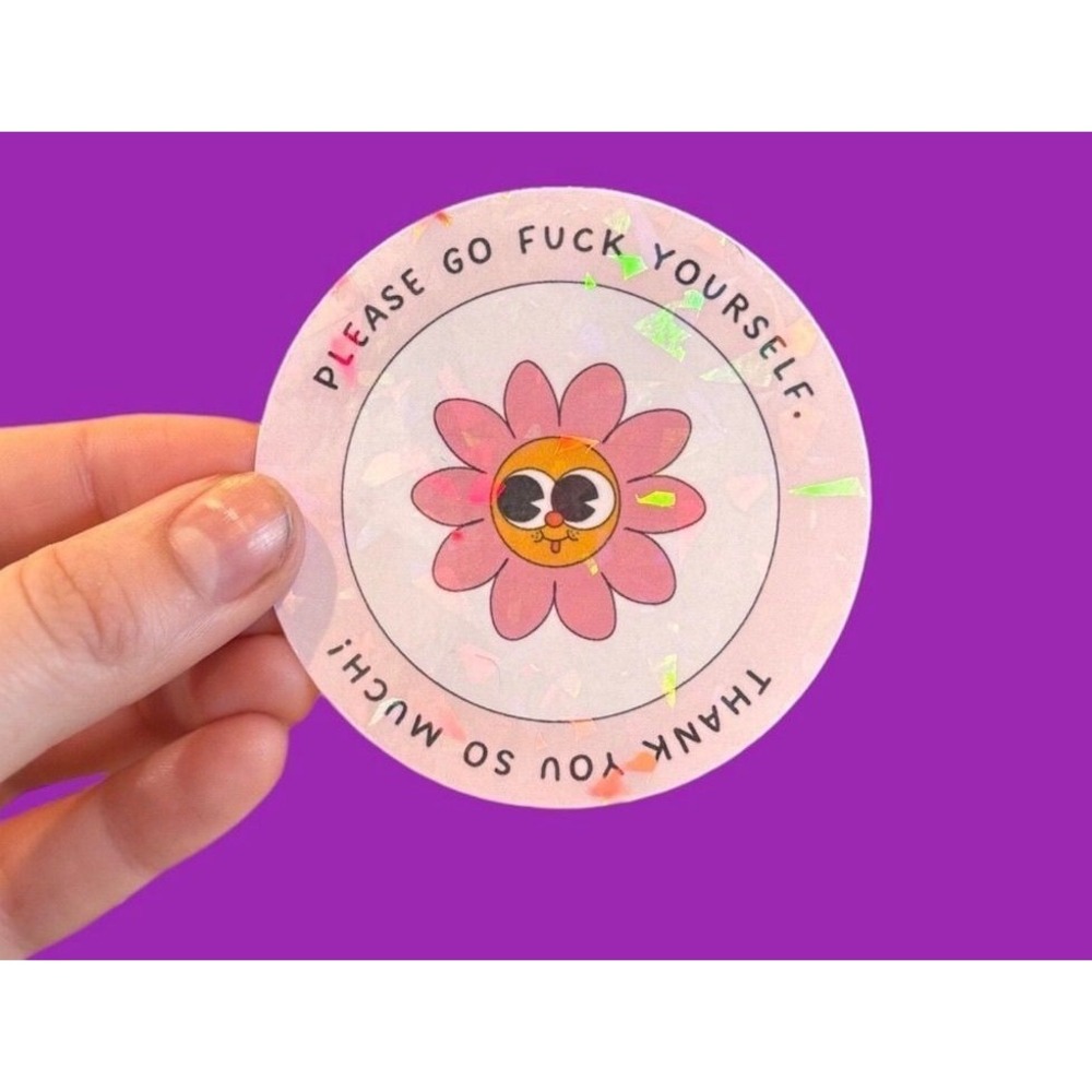 Retro Pink Flower Holographic Sticker Sarcastic Funny Vinyl Decal Iridescent